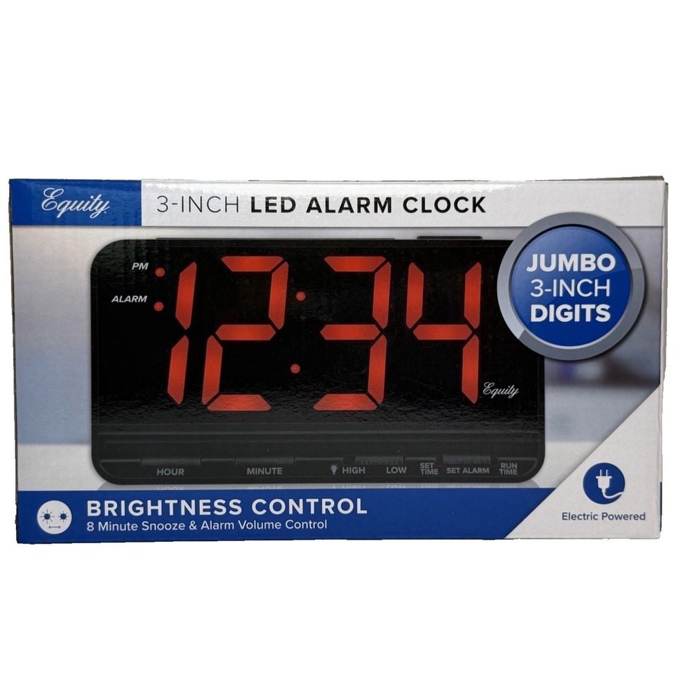 Equity Red LED Electric Alarm Clock Jumbo 3 inch Digits w/ High Low Settings NEW